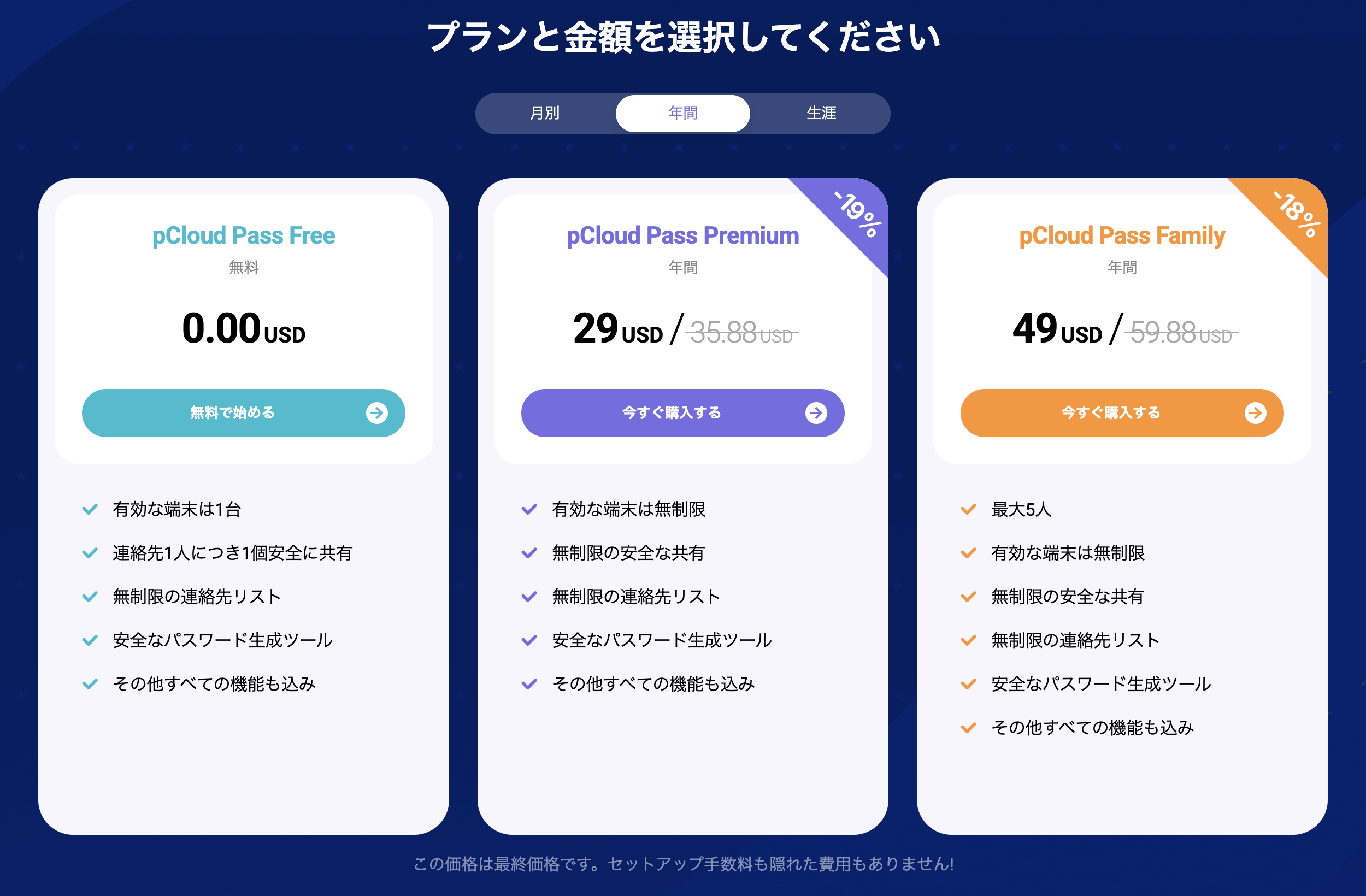 pCloud Passの価格表（年額）