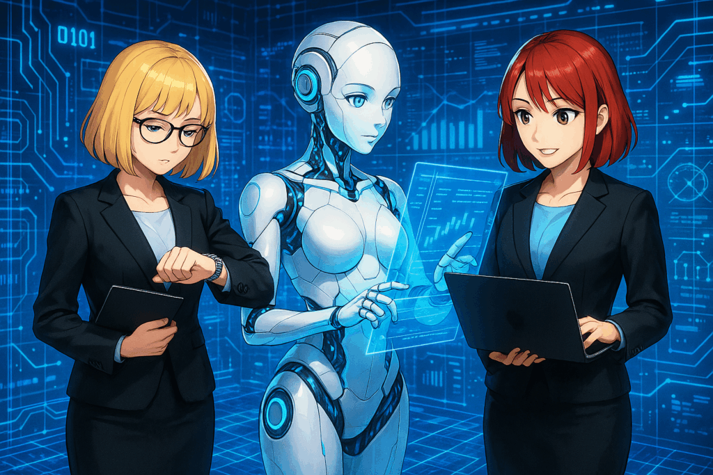 横長画角で、場所はサイバー空間。服装は会社員としての服装。サイバー的なアンドロイドと一緒に、時計を見ながらIT関連の調査を行っている。7等身で25歳くらいのコケティッシュな雰囲気で、全体の色調は鮮やかな色調で陰影のある超繊細な描線で。