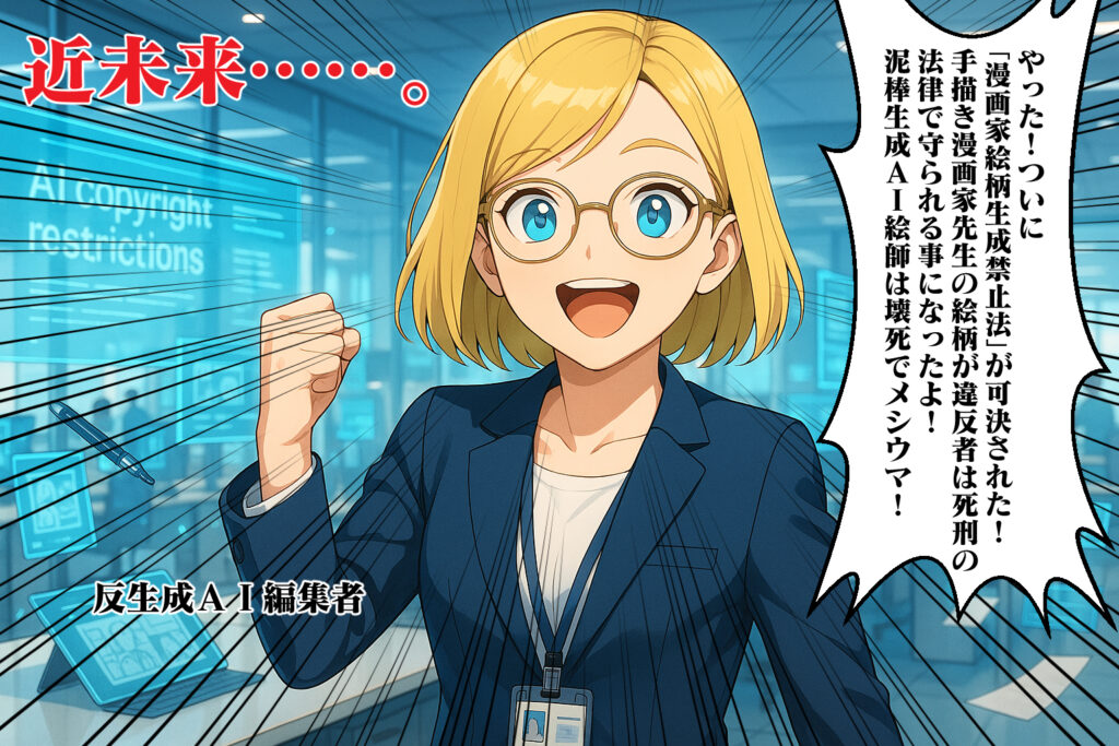 おまけまんが1コマ目
「やった!ついに「漫画家絵柄生成禁止法が可決された!手描き漫画家先生の絵柄が違反者は死刑の法律で守られる事になっ他よ!泥棒生成AI絵師は壊死でメシウマ!