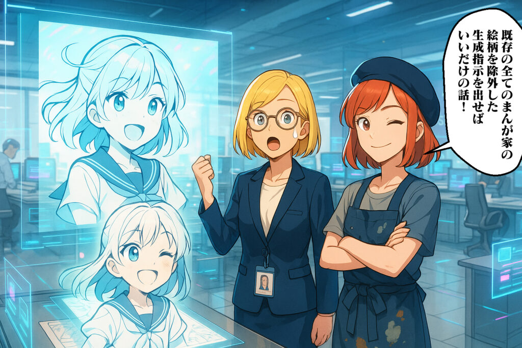 おまけまんが4
「既存の全てのまんが家の絵柄を除外した生成指示を出せばいいだけの話!」