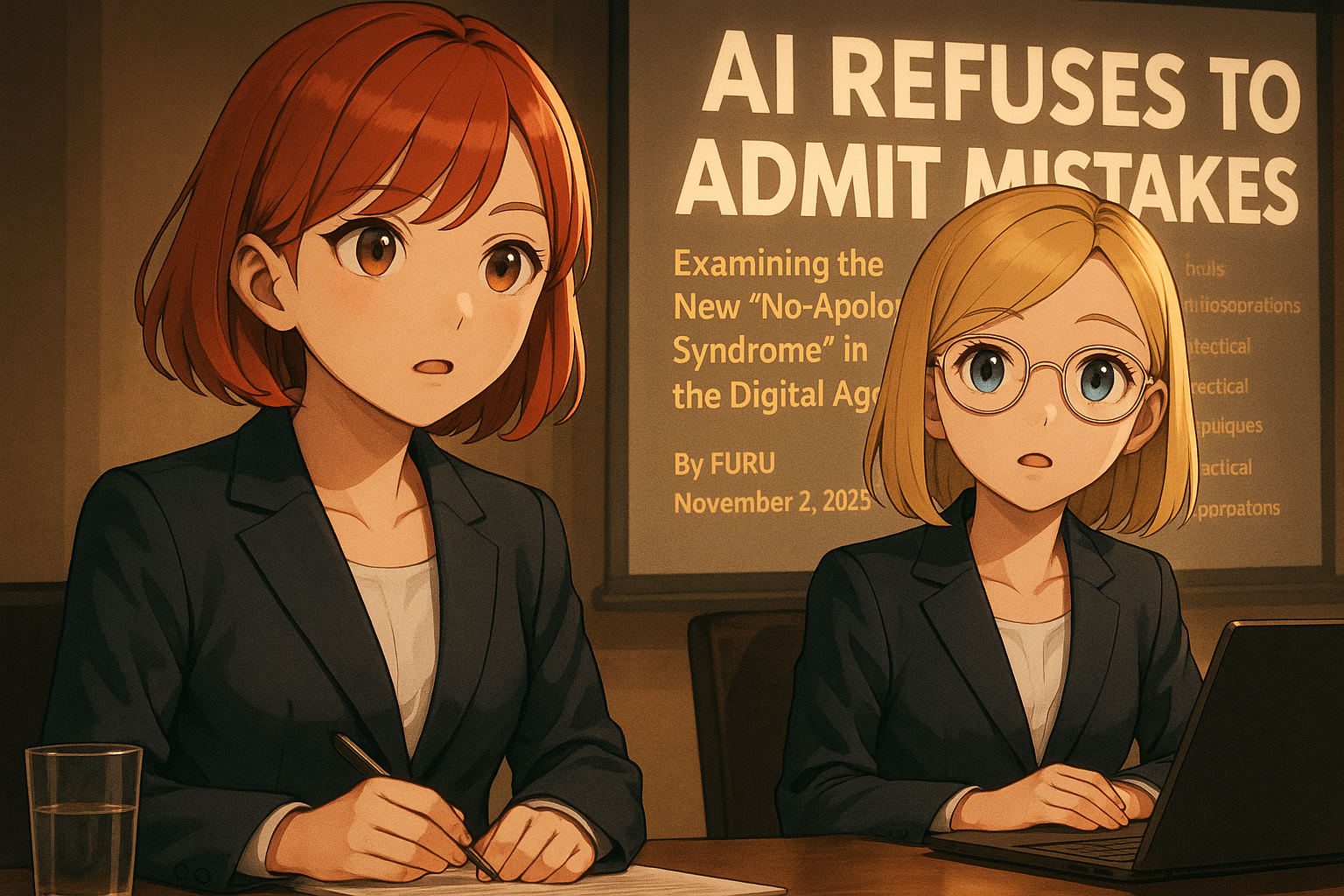 以下の内容を映像化した画像（文字は表示不可）を、超詳細で美しいFURU風の画風で、5500Kの色調で、超演出・超表情・超演技・超カメラに左右されない視線と視線に左右されないカメラ（超大胆な構図）と超エフェクトと超照明とChatGPTの最強の機能を駆使した画像を生成して。 添付画像に引きずられることなく、都度、演技・表情・演出・カメラワーク・エフェクト・照明は大きく変えて、類似の画像は描かない様にして（但し二人の顔と服装は完全に一致させること）横長画角で。横長画角で。横長画角で。横長画角で。横長画角で。横長画角で。横長画角で。横長画角で。横長画角で。横長画角で。で。 以下の内容を画像化して。 文字表示不可！文字表示不可！文字表示不可！ ひとつ前に生成した画像の服装厳守！ --------