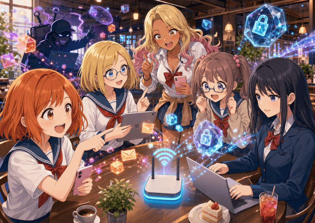女子高生がフリーWi-Fiを使いながら安全にインターネットを楽しむ様子.