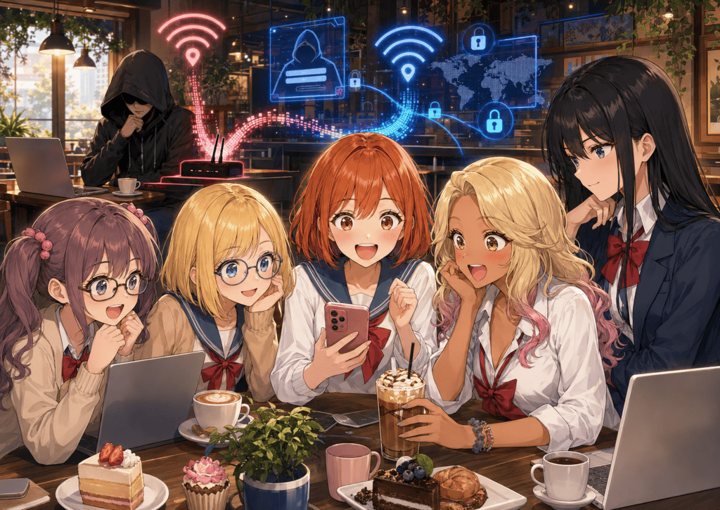 カフェでスマホを使う女子高生とハッカーのイラスト.