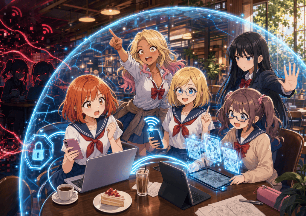アニメ風の女子高生たちがサイバーセキュリティを学ぶシーン.