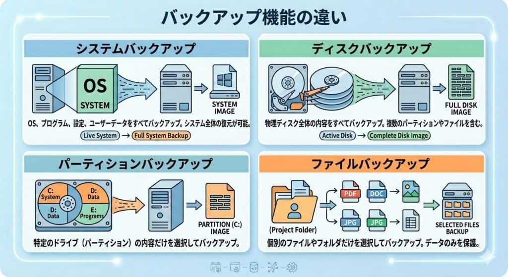 バックアップ機能の一般的な違いイメージ